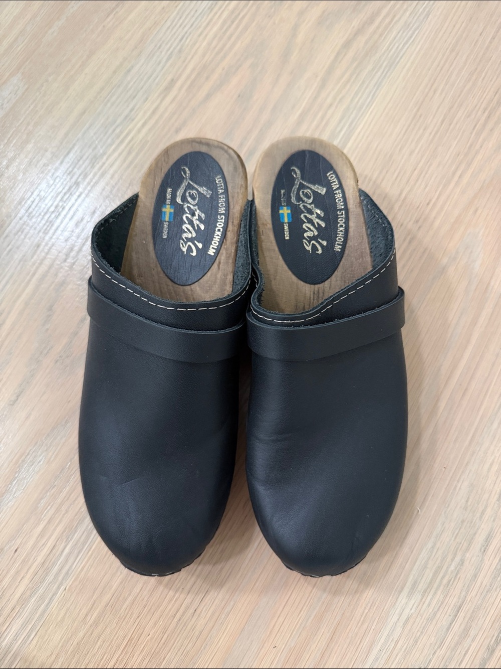 Lotta From Stockholm Classic Swedish Leather Wooden Clogs Black Slip On